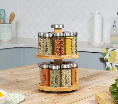 Miniatura 3 de Orii Estante de especias para 16 tarros con especias incluidas, organizador giratorio de torre de 2 niveles para especias y condimentos de cocina