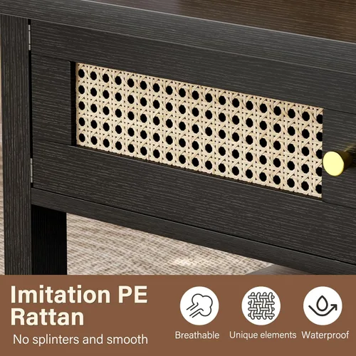 Miniatura 4 de LVB Mesa de centro de ratán, mesa de sala de estar de madera bohemia con almacenamiento, mesa de té de cóctel ovalada moderna de 2 niveles con Roble