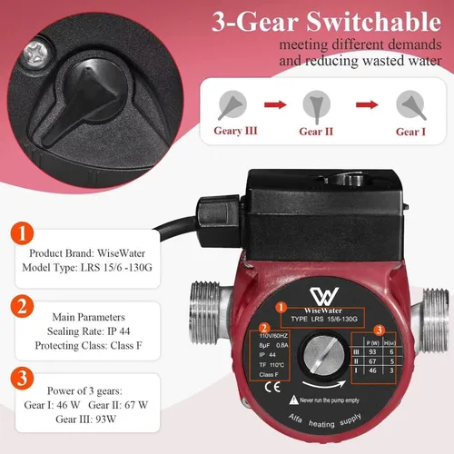 Miniatura 3 de WiseWater Bomba de recirculación de agua caliente de acero inoxidable 304, 3 velocidades con adaptadores NPT de 3/4 pulgadas, cabezal de 20 pies