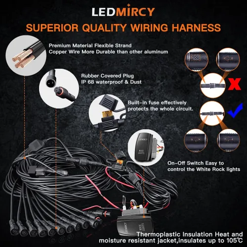 Miniatura 5 de Kit de luces LEDMIRCY R3 de roca blanca pura con interruptor de palanca, arnés de cable, 12 piezas de luces LED de roca blancas para camiones