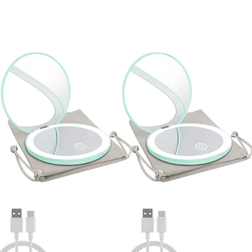 Miniatura 10 de Espejo compacto con luz LED, espejo recargable con aumento 1x/10x, 3.5 pulgadas, espejo de viaje regulable para bolso, bolsillo, espejo de Oro rosa