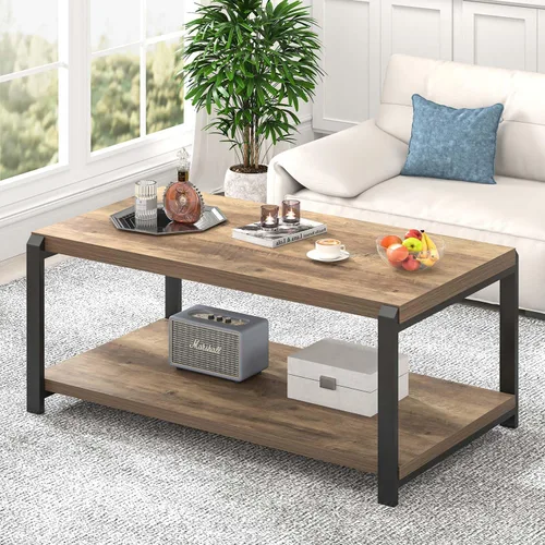 EXCEFUR Mesa de Centro Moderna, Mesa Central de Madera Rústica y Metal para Sala de Estar, Mesa de Cóctel y Té Rectangular Industrial con Roble