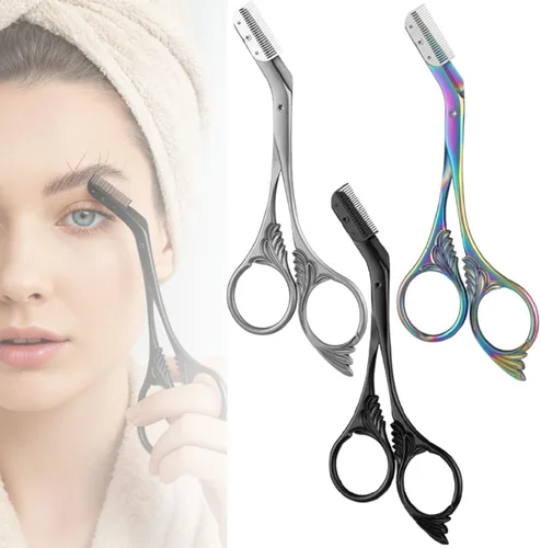 Tijeras de corte de cejas con peine, tijeras de cejas 2 en 1 para mujeres, cortador de cejas de precisión de acero inoxidable, herramienta de
