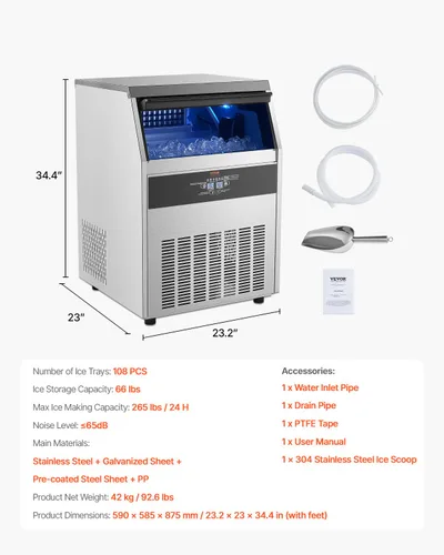 Miniatura 7 de VEVOR Máquina de hielo comercial de 265 libras/24 horas, 108 cubitos de hielo en 15 minutos, máquina de hielo independiente con gran capacidad