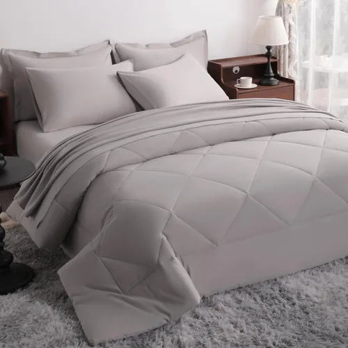 Miniatura 20 de NTBAY Juego de edredón Twin con sábanas, juego de ropa de cama Twin suave y transpirable de 5 piezas, cama Twin en una bolsa, juego de edredón Gris