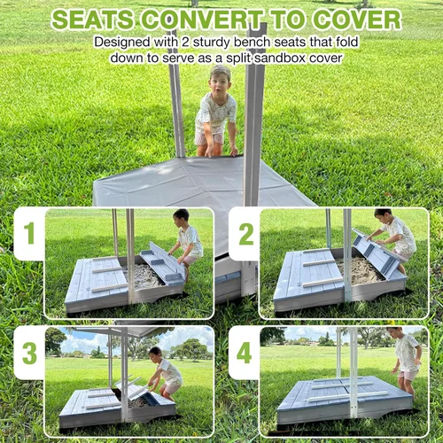 Miniatura 5 de GUTINNEEN Wooden Sandbox with 360° Adjustable Canopy, Outdoor Kids Sand Box with Foldable Benches, Sand Leak-Proof Liner, 47”Lx47”Wx52”H, Blue