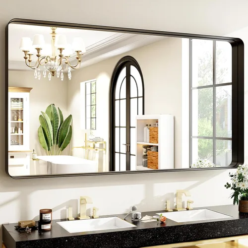 Easly Espejo de baño negro de 48"x30" - Moderno espejo negro para pared con esquinas redondeadas, espejos de baño para tocador, espejo enmarcado de