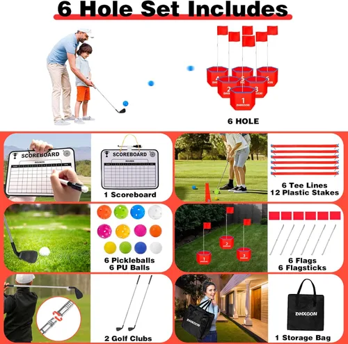 Miniatura 2 de Juego de golf para patio trasero con 2 palos, campo de golf portátil de 6 agujeros, juego de astillado de golf al aire libre para familias