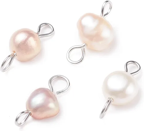 Miniatura 8 de Pandahall - 50 dijes de perlas de agua dulce plateadas, conectores colgantes de perlas naturales y eslabones en forma de arroz con lazo para mujer
