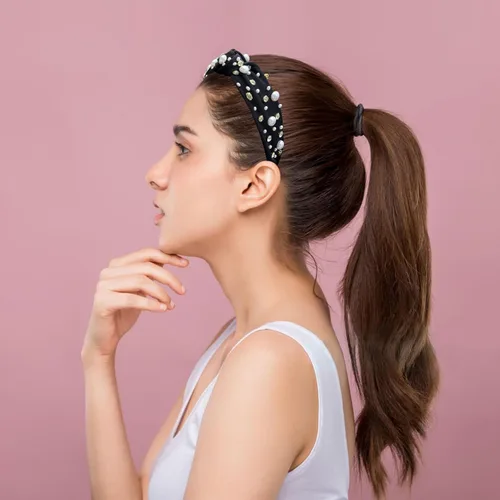 Miniatura 3 de Accesorios para el cabello de moda para mujer, diadema anudada, diadema de perlas negras para niñas, con cuentas de diamantes de imitación, diadema