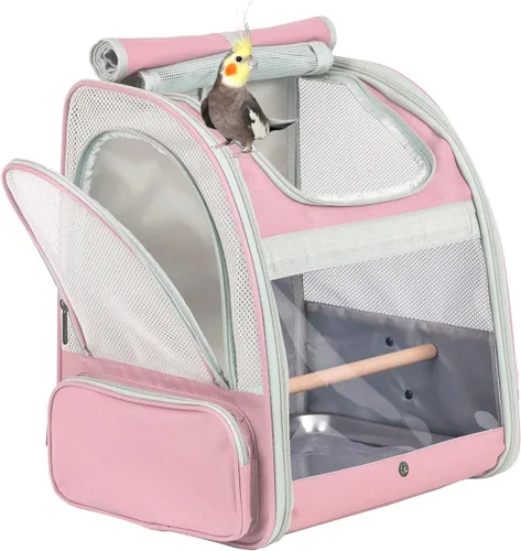 Miniatura 11 de Porta pájaros de viaje con soporte y percha, jaula transpirable para loros, portador de pájaros para senderismo, aprobado para aerolíneas Gris