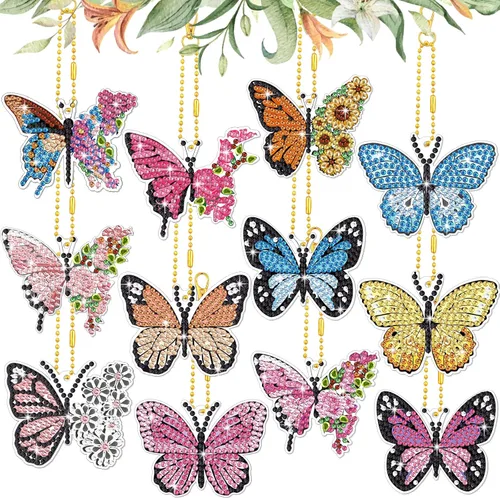 BBTO Kit de 12 llaveros de arte de diamantes de mariposa 5D DIY pintura de diamantes, colgantes de mariposas colgantes para adultos principiantes,