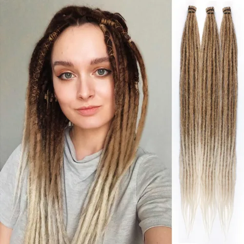 Miniatura 58 de Extensiones de rastas trenzadas bohemias de 24 pulgadas, 10 hebras de rastas sintéticas rizadas color marrón degradado con trenza de caja, rastas