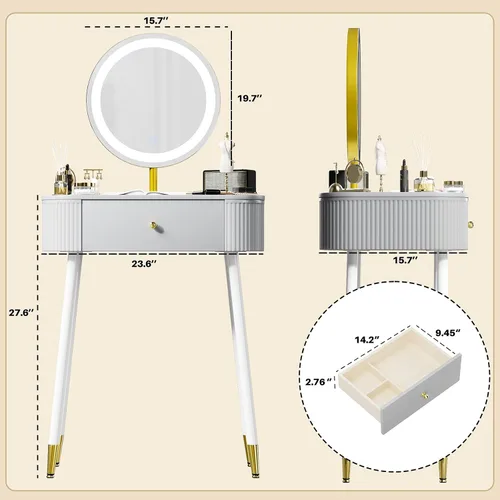 Miniatura 2 de WinZo Mesa de tocador de 24" con espejo y luces, pequeña mesa de tocador de maquillaje con 1 cajón de almacenamiento, elegante mesa de tocador