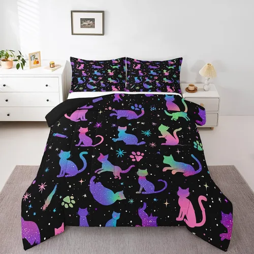 Miniatura 13 de Erosebridal Lindo juego de edredón de gato, tamaño individual, kawaii, fresa, juego de ropa de cama para niñas, diseño de arco iris, edredón rosa