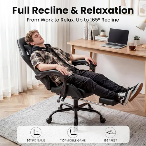 Miniatura 6 de Silla de juegos, silla ergonómica para computadora con reposapiés y soporte lumbar, silla de oficina ajustable en altura con asiento giratorio