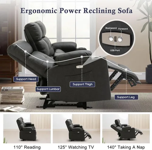Miniatura 3 de Sofá reclinable eléctrico con calor y masaje, sofá reclinable eléctrico con reposapiés extendido, sofá reclinable de 3 plazas con puertos USB