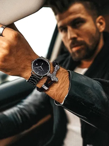 Miniatura 3 de Bandmax Pulsera trenzada de cuero negro para hombre con colgante gótico punk, pulsera de cuero con hebilla de acero inoxidable, paquete de regalo