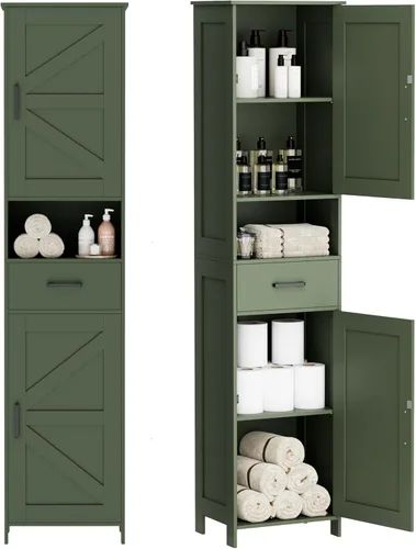 Miniatura 14 de HOMHEDY - Armario alto de 67 pulgadas con 2 puertas tipo granero, 1 cajón, estantes ajustables, unidad estrecha para baño, sala de estar, entrada