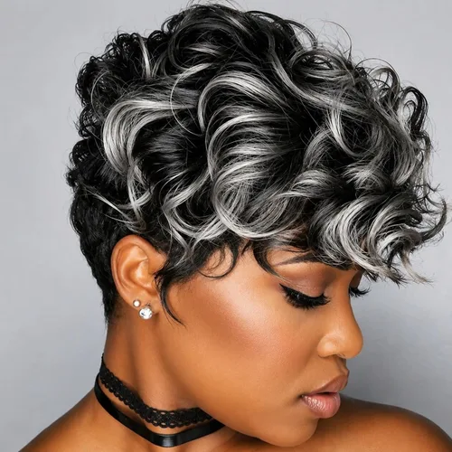 Miniatura 12 de MOONSHOW - Pelucas cortas de corte Pixie para mujeres negras, peluca de corte Pixie marrón Short Pixie Wigs for Black Women Natural Layered Short