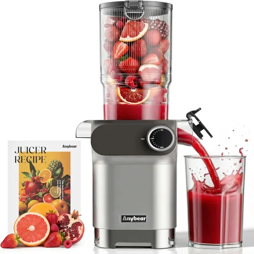Anybear Exprimidor de prensa en frío de 200 W, exprimidor lento de 4.3 pulgadas, conducto de alimentación grande para frutas enteras y verduras |