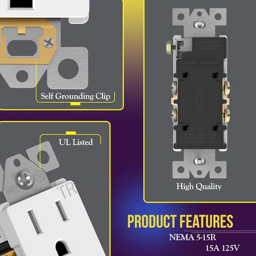 Miniatura 2 de ENERLITES - Toma de corriente decorativa con placa para pared 61501-TR-WWP, resistente a manipulaciones, grado residencial, 3 cables, autoconexión a