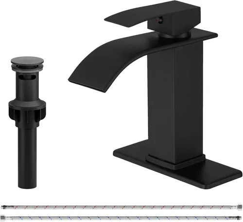Miniatura 12 de Grifo de fregadero de recipiente con cascada, grifo de baño mate negro de acero inoxidable, alto, de una sola manija, un agujero, montaje