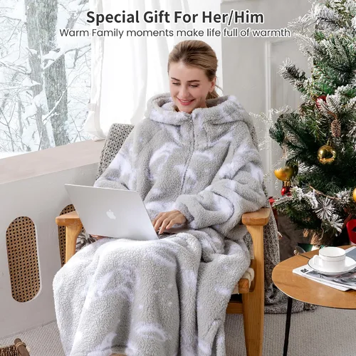 Miniatura 5 de Winthome Manta con capucha larga con cremallera para adultos, mujeres y hombres, forro polar sherpa de gran tamaño, acogedor, mullido, cálido, Gris