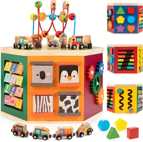 Cubo de actividades grande, centro de juego de madera con temática de granja 9 en 1, juguete Montessori multiusos para bebés, niños pequeños y niños