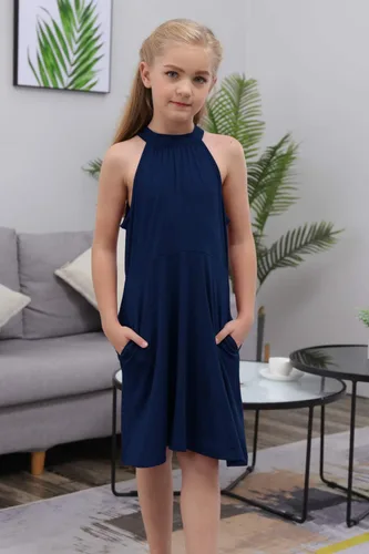 Miniatura 4 de GORLYA Vestido de verano casual para niña, con cuello halter, hombros descubiertos, sin mangas, acampanado, con bolsillos, para 4-12 años