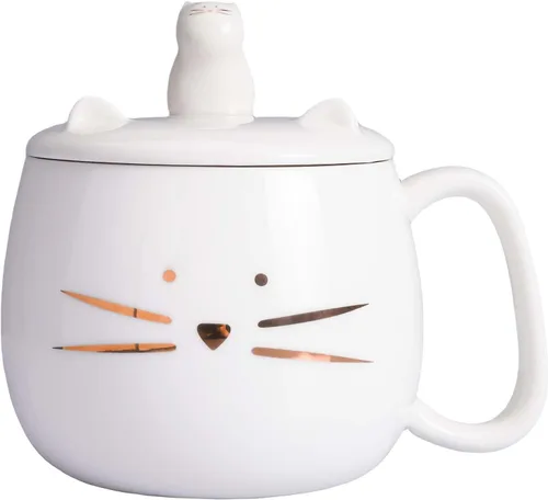 Koolkatkoo Taza de café única con tapa para los amantes de los gatos, lindas tazas de té de cerámica con soporte para teléfono celular, taza de