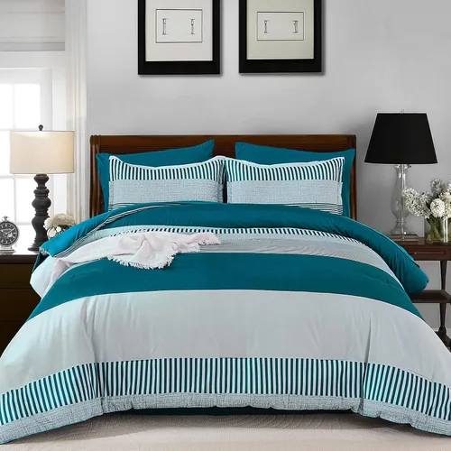 Miniatura 12 de Juego de edredón azul tamaño individual, edredón clásico a rayas para niños y niñas, juego de cama de 5 piezas en una bolsa, juego de ropa de cama
