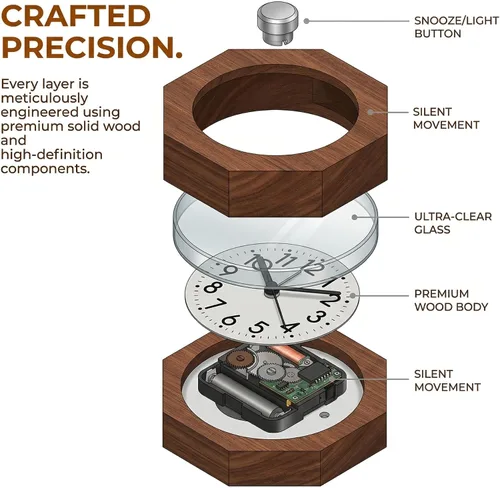 Miniatura 7 de Reloj despertador analógico de madera, 3 pulgadas, silencioso, silencioso, con números arábigos, función de repetición de retroiluminación, funciona