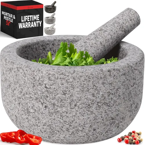 Priority Chef Juego de mortero y mortero de granito natural extra grande de servicio pesado, 4 tazas, tallado a mano, haz guacamole fresco, salsa,