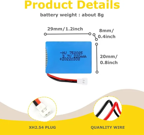 Miniatura 4 de 3.7V 220mAh 752025 25C Baterías recargables compatibles con DEERC F35, LEAMBE P-40 Warhawk/Holystone, SYMA Q11 H99W H6C H31 H98 TR-C385 TR-F22 Syma