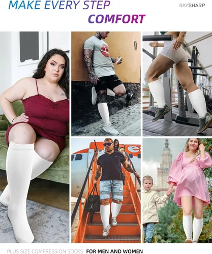 Miniatura 5 de Paquete de 3 calcetines de compresión de talla grande para mujeres y hombres, medias altas hasta la rodilla de 20-30 mmHg para piernas grandes e