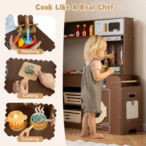 Miniatura 3 de Costzon Juego de Cocina de Esquina, Set de Juguetes de Cocina con Luces y Sonidos Reales, Refrigerador Grande, Máquina de Hielo, Horno, Microondas
