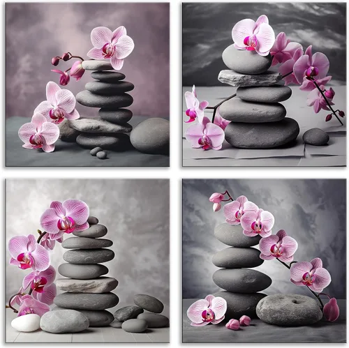 NAN Wind Arte de pared en lienzo de orquídeas rosas y piedras zen - Decoración de orquídeas - Cuadros de flores de spa - Arte de pared Zen -