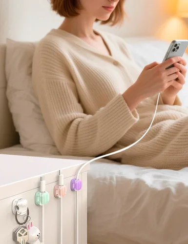 Miniatura 6 de Clips para cables, paquete de 8 organizadores de cables [1 bloqueo y adhesivo más fuerte], clips de resorte para cable de teléfono, cargador