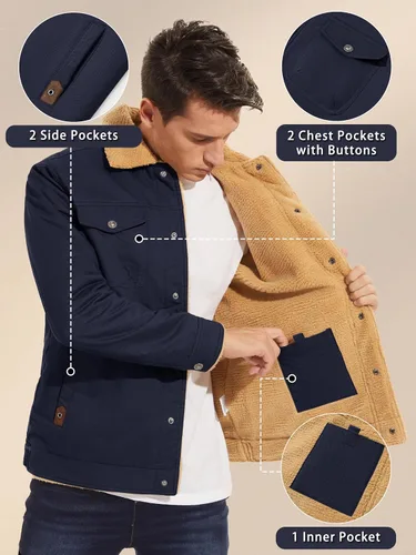 Miniatura 3 de KEFITEVD Chaqueta de forro polar de invierno para hombre, chaqueta tipo cargo con forro sherpa, abrigo casual de camionero, abrigo grueso y cálido