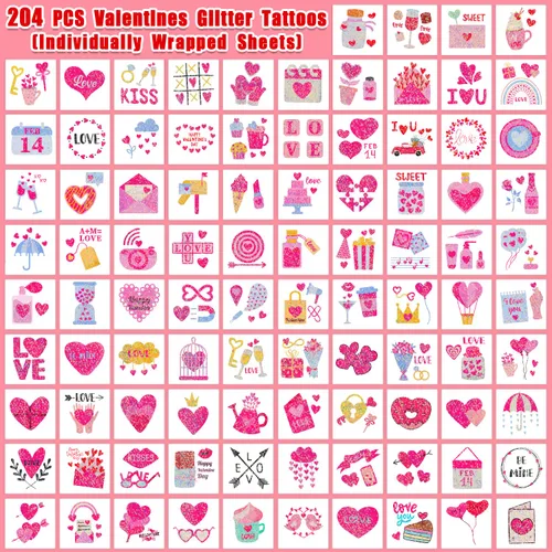 Miniatura 3 de Partywind 204 estilos de purpurina para el día de San Valentín, tatuajes temporales para niños, suministros de fiesta de San Valentín, regalos