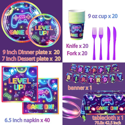 Miniatura 2 de 142 piezas de decoración de cumpleaños de videojuegos, vajilla para fiesta de jugadores, videojuegos en platos temáticos, servilletas, vasos