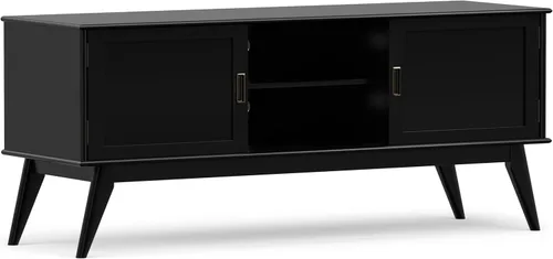 SIMPLIHOME Draper Soporte de TV – Consola baja de madera maciza de 60 pulgadas de ancho en negro, centro de entretenimiento moderno de mediados de