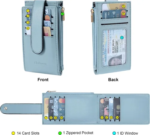 Miniatura 3 de Chelmon Billetera delgada para mujer, con bloqueo RFID, plegable, con bolsillo con cremallera, Azul, Minimalista