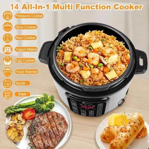 Miniatura 2 de Olla a presión de acero inoxidable de 8 cuartos Olla arrocera eléctrica con preconfiguración de 24 horas, olla de cocción lenta 14 en 1