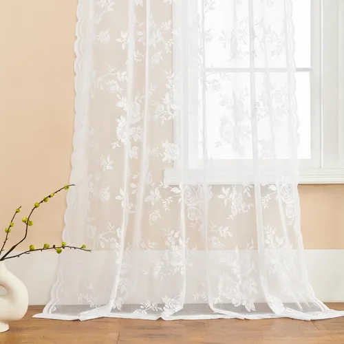 Miniatura 5 de SEEKRIGHT 2 paneles de cortinas traslúcidas de encaje de 96 pulgadas de largo, cortinas florales victorianas blancas para sala de estar, dormitorio