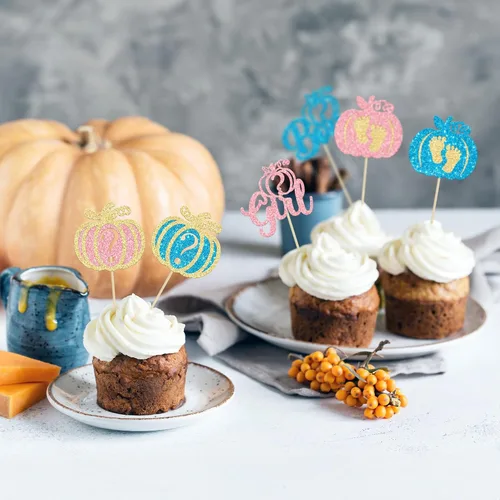 Miniatura 5 de 24 adornos para cupcakes de calabaza para niños o niñas con purpurina para revelación de género, decoración para cupcakes de calabaza, pies