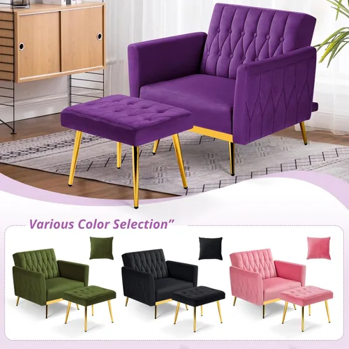 Miniatura 7 de Silla de terciopelo Accent con apoyabrazos y respaldo ajustables, sillón de ocio con botones acolchados, sillón reclinable individual con otomano