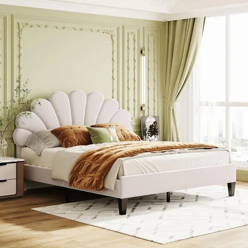 Harper & Bright Designs Base de cama tapizada de tamaño Queen con cabecera de terciopelo con patrón de flores para niños, niñas, niños y adultos,