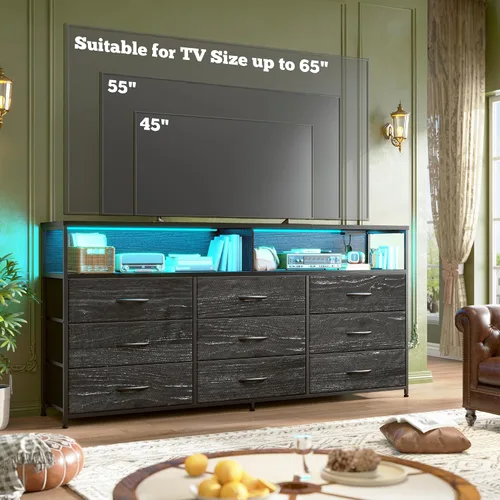 Miniatura 7 de Romorgniz Cómoda de 55 pulgadas de ancho para dormitorio con 9 cajones, soporte de TV LED con tomas de corriente para TV de 45, 55, 65 pulgadas